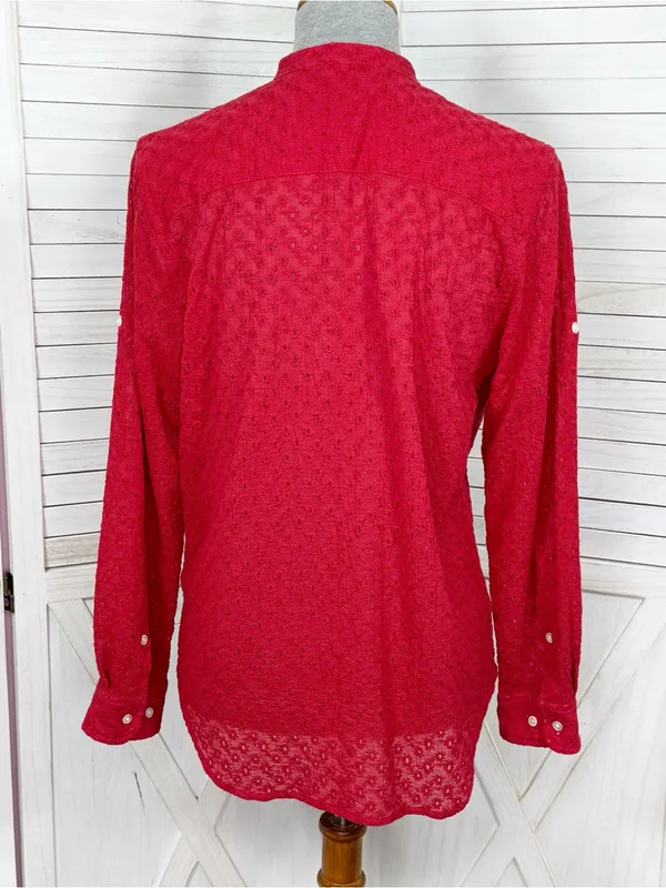 Lauren Ralph Lauren Eyelet Button Up Tunic Shirt Red Small Cottage Preppy Cotton - Image 4