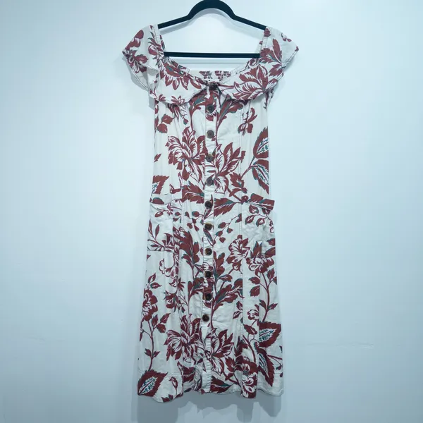 Anthropologie Cream & Red Floral Oahu Off The Shoulder Midi Dress Size 6 - Image 2