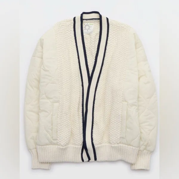 Offline by Aerie Quilted Knit Cardigan Puffer Cream Navy Oversized Sweater Cozy - Image 2