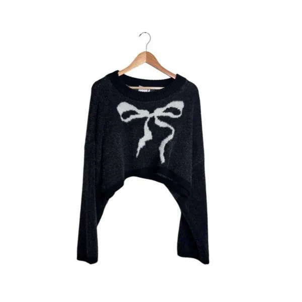 Out From Under Cropped Knit Sweater Black Bow Graphic UO Size L OVERSIZED - Image 3