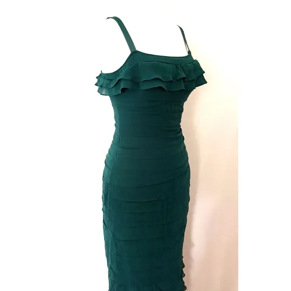 Gilar VTG Green Chiffon Silk Mermaidcore Whimsical Flounce Strap Dress 8 -Stain - Image 4