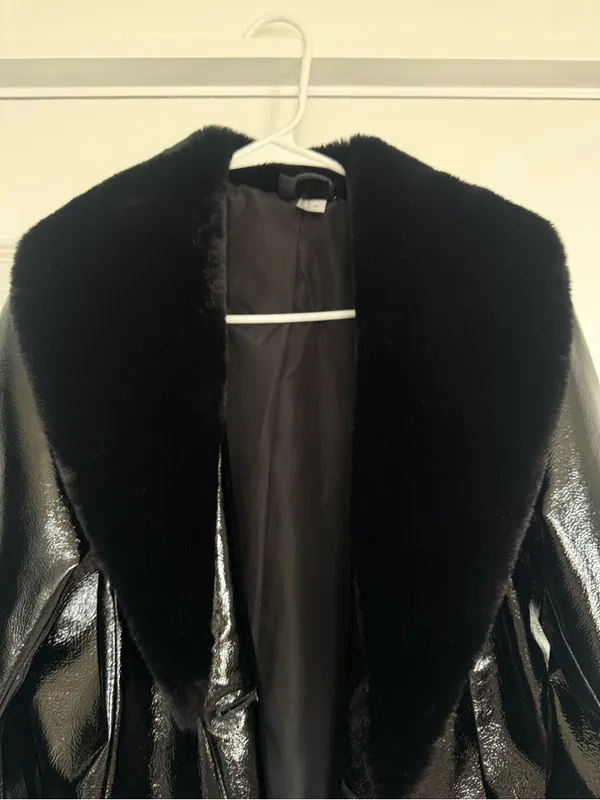 RARE H&M Black vinyl faux fur trim coat - Image 2