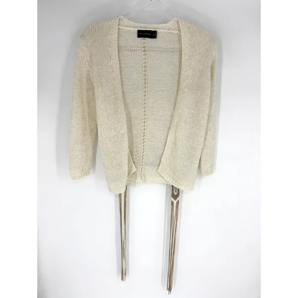 The Limited Cream Linen Metallic Open Front Cardigan Macrame‎ Fringe Belt XS - Image 2