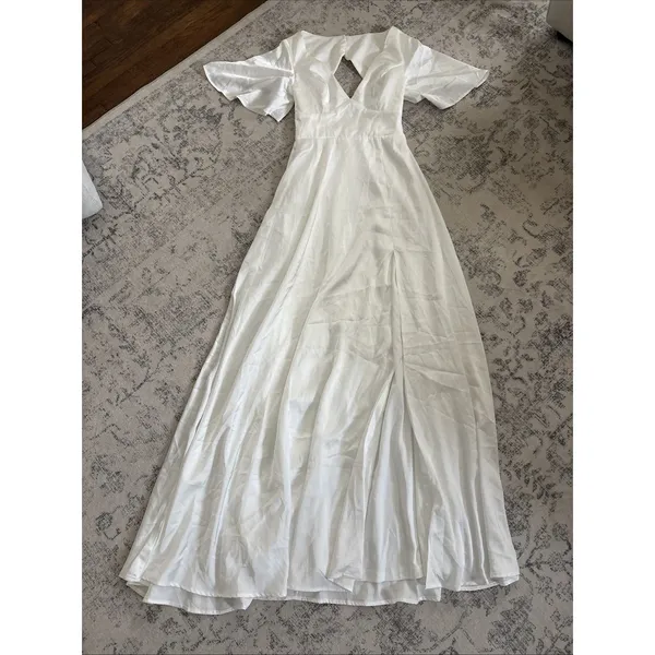Lulus Elegant Confidence White Satin Flutter Sleeve Cutout Maxi Dress Size XS - Image 4