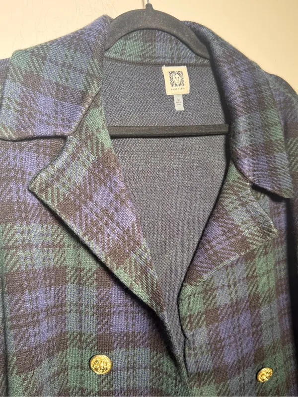 Ann Klein Double-Breasted Green & Navy Plaid Sweater Peacoat Cardigan Medium - Image 3