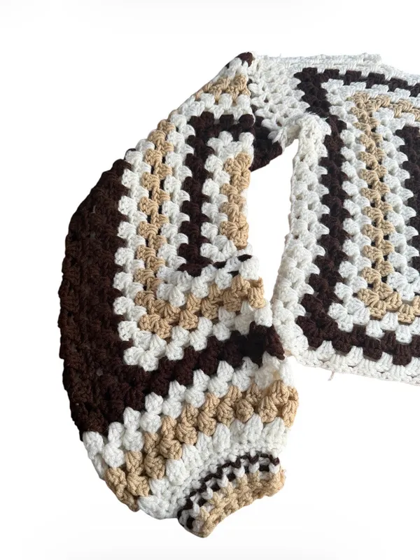 Vintage Handmade Crochet Granny Square Sweater Pullover Boho Neutral Cream Brown - Image 2