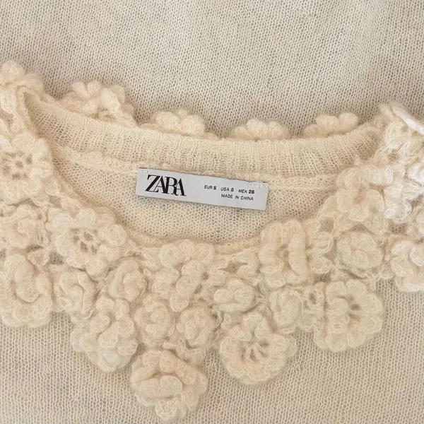 ZARA Alpaca Wool Ecru Crochet Flower Applique Sweater Blogger Favorite Small - Image 11