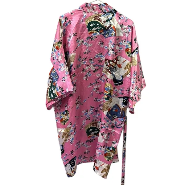 Pink Geisha Lotus Floral Satin Pocket Kimono Robe Tie Belt One Size Fits Most - Image 10