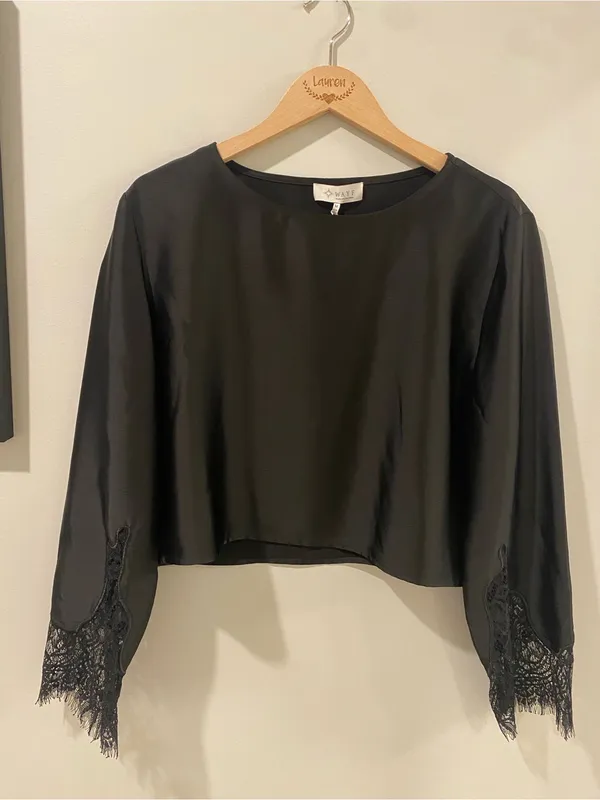 NWT - WAYF Black Satin Lace-Trim Long Sleeve Crop Top Size Medium - Image 2