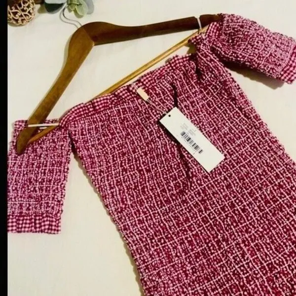 Petersyn Mini Benson Dress XS Smocked Off Shoulder Gingham Cotton NWT - Image 4