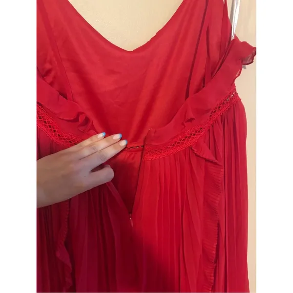 Lulus Never a Dull Moment Bright Red Tie-Strap Pleated Midi Dress Size XL Party - Image 9
