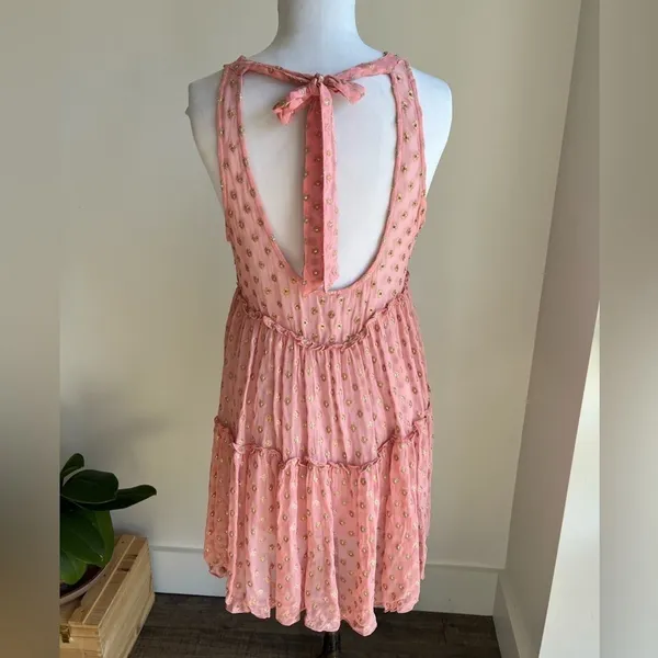 Free People Sophia Tiered Slip Dress Open Back Pink Gold Polka Dots Women's XS - Image 4
