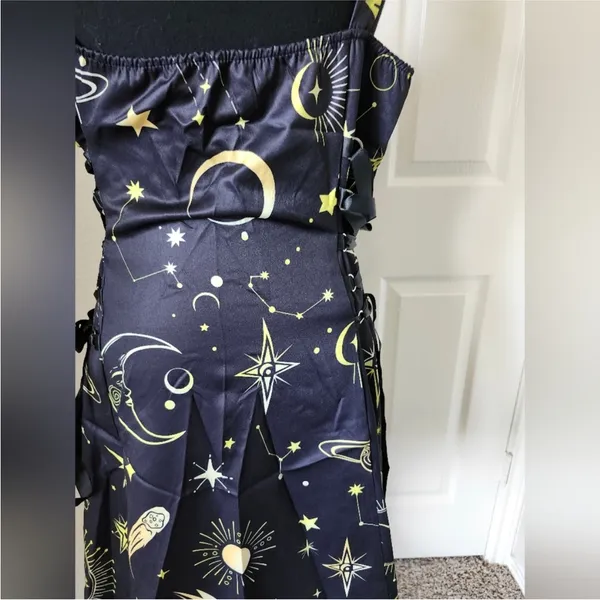 Black Celestial Print Dress Star Moon Lace Up Zipper XL - Image 5