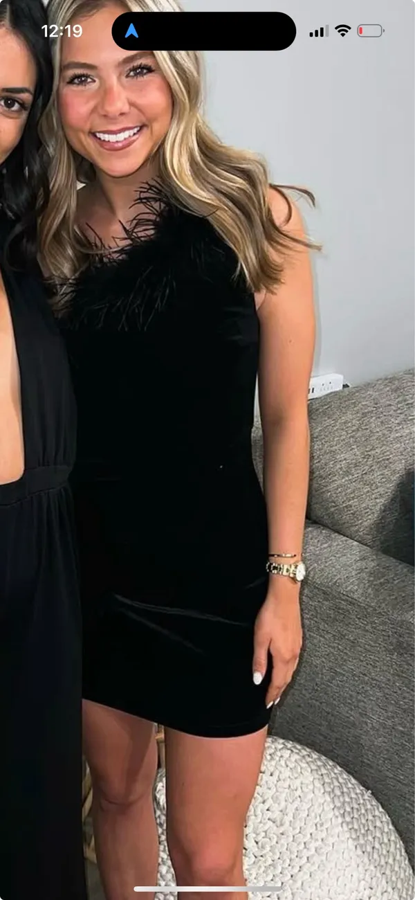 Lulus Black Velvet Feather Trim Mini Dress - Image 2