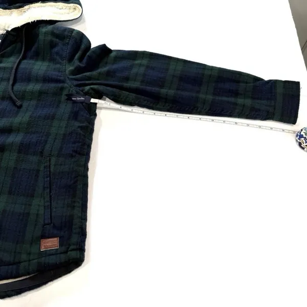 LL Bean Scotch Plaid Flannel Shirt Sherpa Lined Zip Hoodie Jacket Blue Green S - Image 11