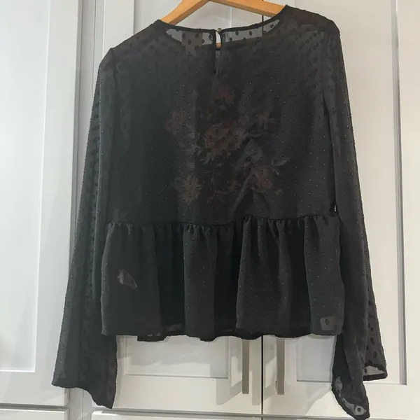 Sheer Black Peplum Blouse w/ Colorful Rose Floral Embroidery Bell Sleeves small‎ - Image 3