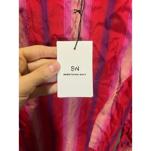 Something Navy Mini Dress Womens M Red Pink Striped Puff Sleeve‎ Crew Neck Party - Image 4
