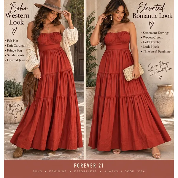 Forever 21 Rust Red Strapless Tiered Maxi Dress Boho Sweetheart Neckline Cotton - Image 2