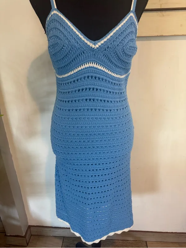Blue Crochet Midi Dress with White Trim - Image 2