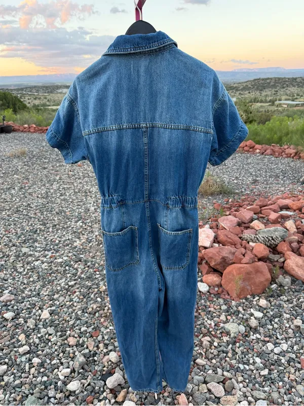 Free People We The Free Marci Denim Jumpsuit S Blue Utility Workwear 90s boho - Image 3