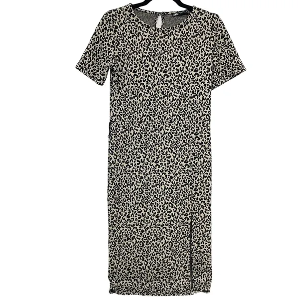 Zara Brown Animal Print Short Sleeve Knee Length Sheath Dress Womens M Leopard - Image 2