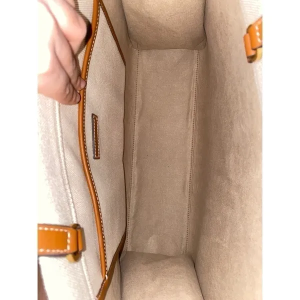 Tory Burch Blake Jumbo Tote‎ Bag Canvas Leather Trim Neutral Cream Brown Cuoio - Image 4