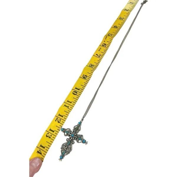 Signed Roma Cross Pendant Necklace Petit Point Faux Turquoise Christian Vintage - Image 4