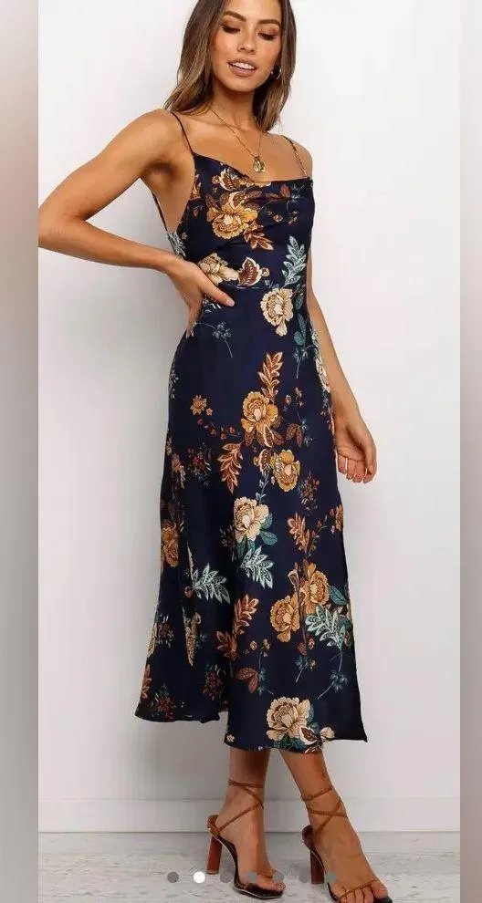 Petal & Pup Alejandra Cowl Neck Midi Dress Blue Floral Size 4‎ NWT - Image 4