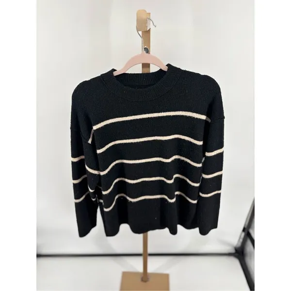 Aerie Unreal Stripe Sweater XS Black Cream Crewneck Knit Pullover Women - Image 9