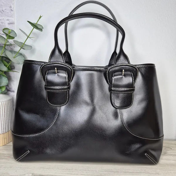 Cole Haan Black Leather Shoulder Bag Tote Purse Contrast Stitch Buckle Accent - Image 2