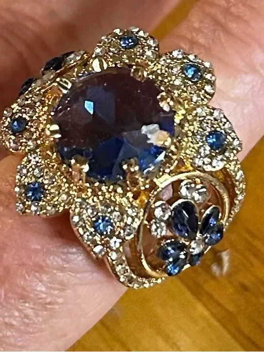 Gold-Tone Floral Halo Ring with Blue Stone - Women Jewelry - Image 3