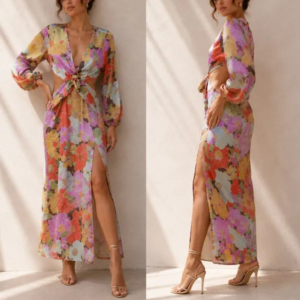 Y.A.S‎ Josephine Long Sleeve Cut Out Maxi Dress Floral Retro Mod Twist Front M - Image 2