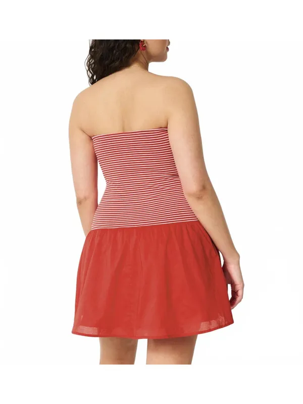 Hollister Tall Strapless Drop-Waist Knit-Woven Mini Dress NWT Cherry Red Stripe - Image 4