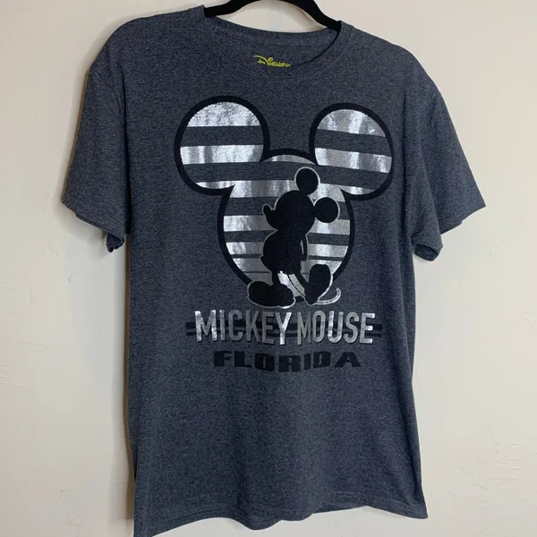 Disney Gray Mickey Mouse Metallic Silver Graphic Tee T Shirt Sz Medium - Image 6