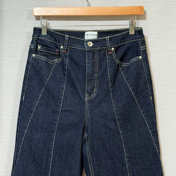 Frayed Jeans Womens High Rise Wide Leg Seam Front Contrast Stitch Indigo Blue 6 - Image 5