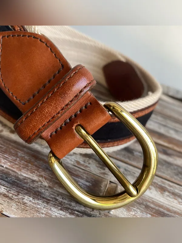 Bogner vintage canvas striped leather buckle belt preppy 80s casual coastal S - Image 2