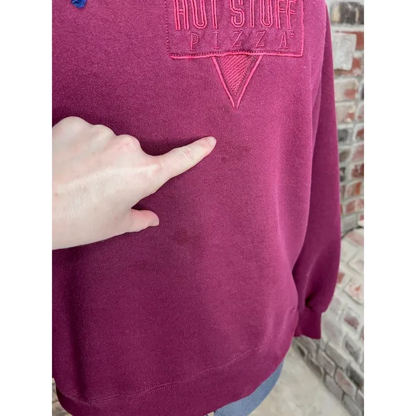 sweatshirt anytime hot stuff pizza maroon blue embroidered 1990s - Image 3