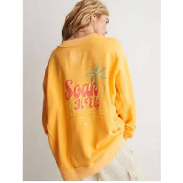 Aerie Oversized V Neck Yellow Soak It Up Tropical Sweatshirt‎ Beachy L - Image 7