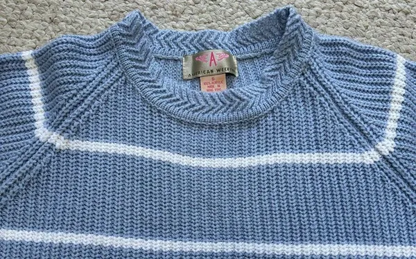 Vintage American Weekend Light Blue With White Stripes Knit Sweater Women Small - Image 2