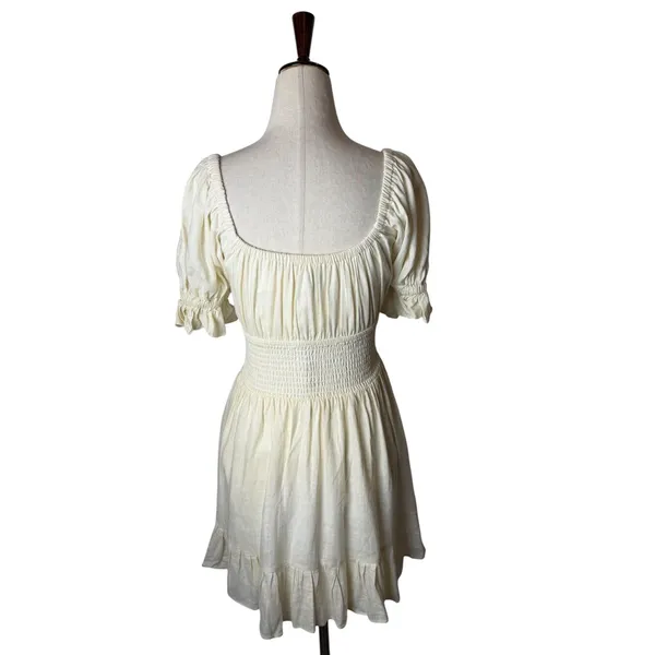 Sabo Mini Dress Women XS Ivory Linen Blend Smocked Puff Sleeve Boho Peasant - Image 3