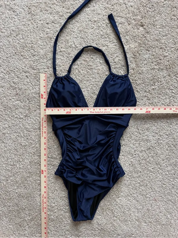 Women's Navy Blue Halter One-Piece Swimsuit Size Large Fully Lined Excellent - Image 2