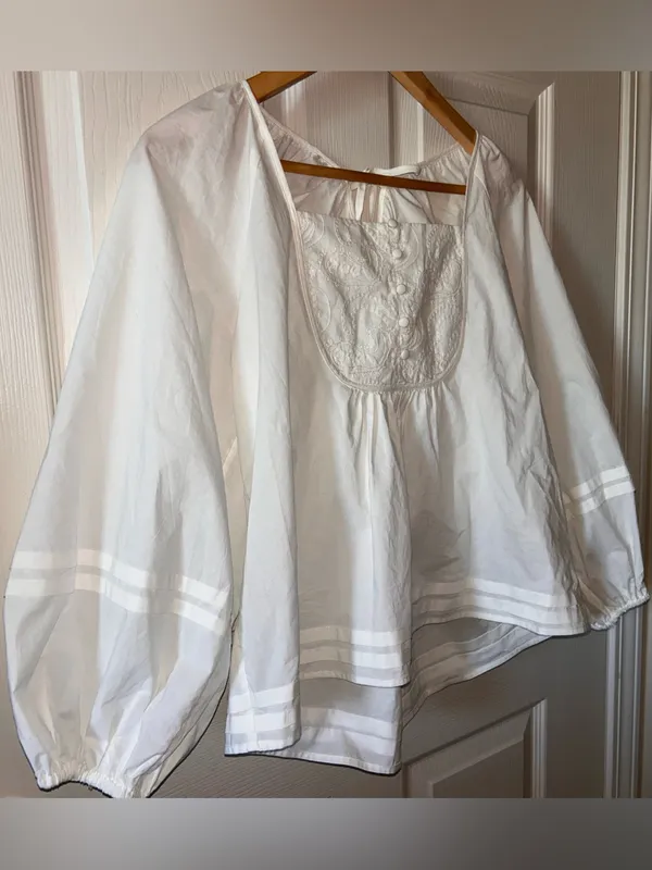 Boho-Chic Cottage Babydoll Peasant Top w/Puff Sleeves Pintuck Buttons Fairycore Sz S Ivory Cotton - Image 3