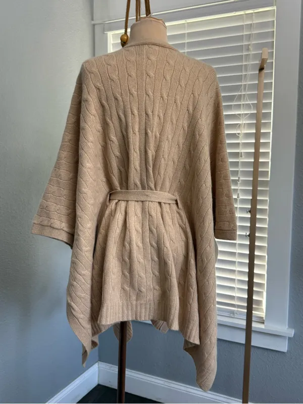 Saks Fifth Avenue Cashmere Tie-Front Cable Knit Poncho Sweater - Cream Size XS/S - Image 5