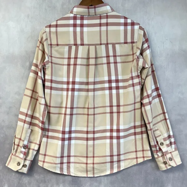 Dixxon Flannel Company The Burleigh Plaid Shirt Women Medium Tan‎ Red Minimalist - Image 2