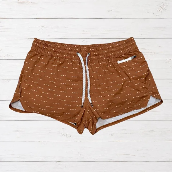 Vuori Clementine Brown Arrow Print Running Shorts Drawstring Lined XL Gorpcore - Image 2