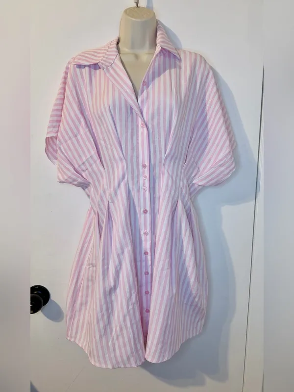 NWT COMMENSE Pink White Striped Shirt Dress L Collared Button Down - Image 2