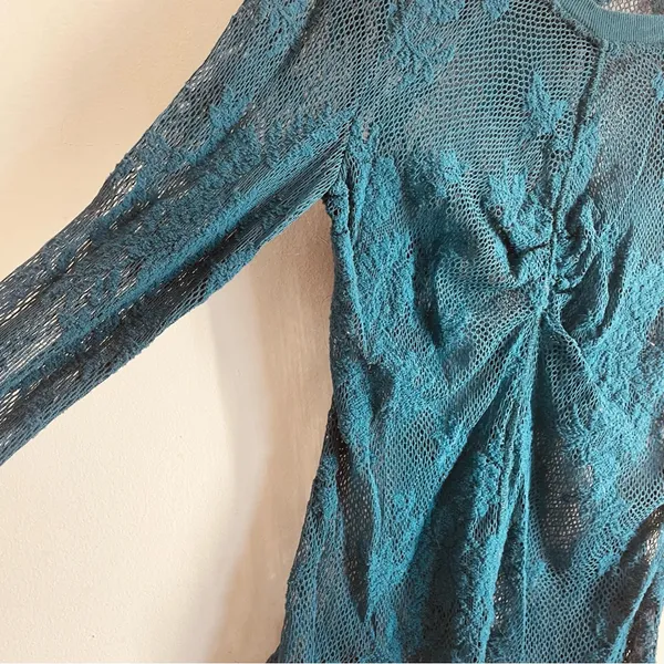 Free People Cool With It Lace Long Sleeve Top Teal Sheer Floral Mesh Size M - Image 6