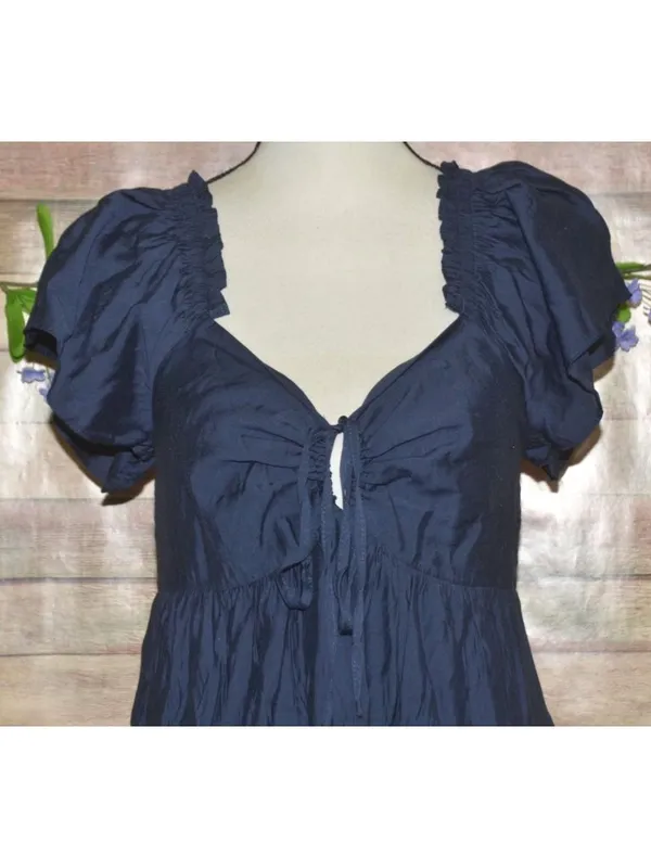 In February Navy Blue Tiered Maxi Dress Size L Milkmaid Puff Sleeve Keyhole Tie - Image 2