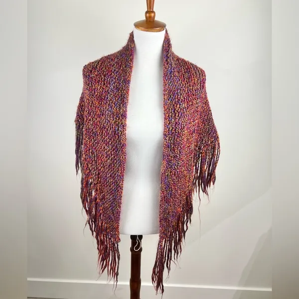 Handmade Hand Knit Triangle Fringe Shawl Wrap Multi Color Boho One Size - Image 11