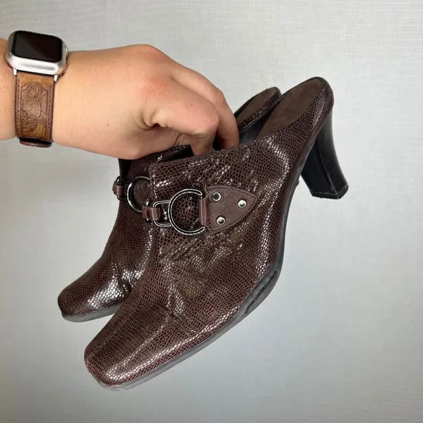 Aerosoles Womens‎ Brown Snake Skin Square Toe Block Heel Mules Size 8B - Image 3